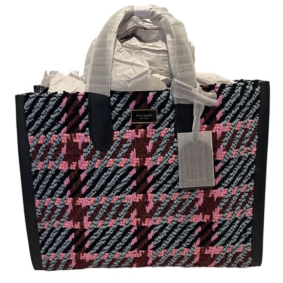NWT Kate Spade Manhattan Plaid Chunky Wool Tote Bag Dark Multi Medium-Size Struc - Picture 2 of 8